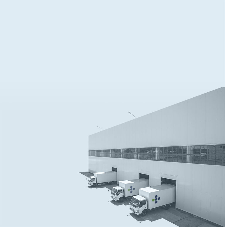 Background of a warehouse with trucks parked in loading bays